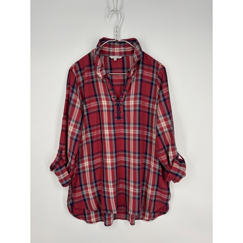 John Mark Blouse Womens M Red Plaid Popover Wired Collar Roll Tab Sleeve